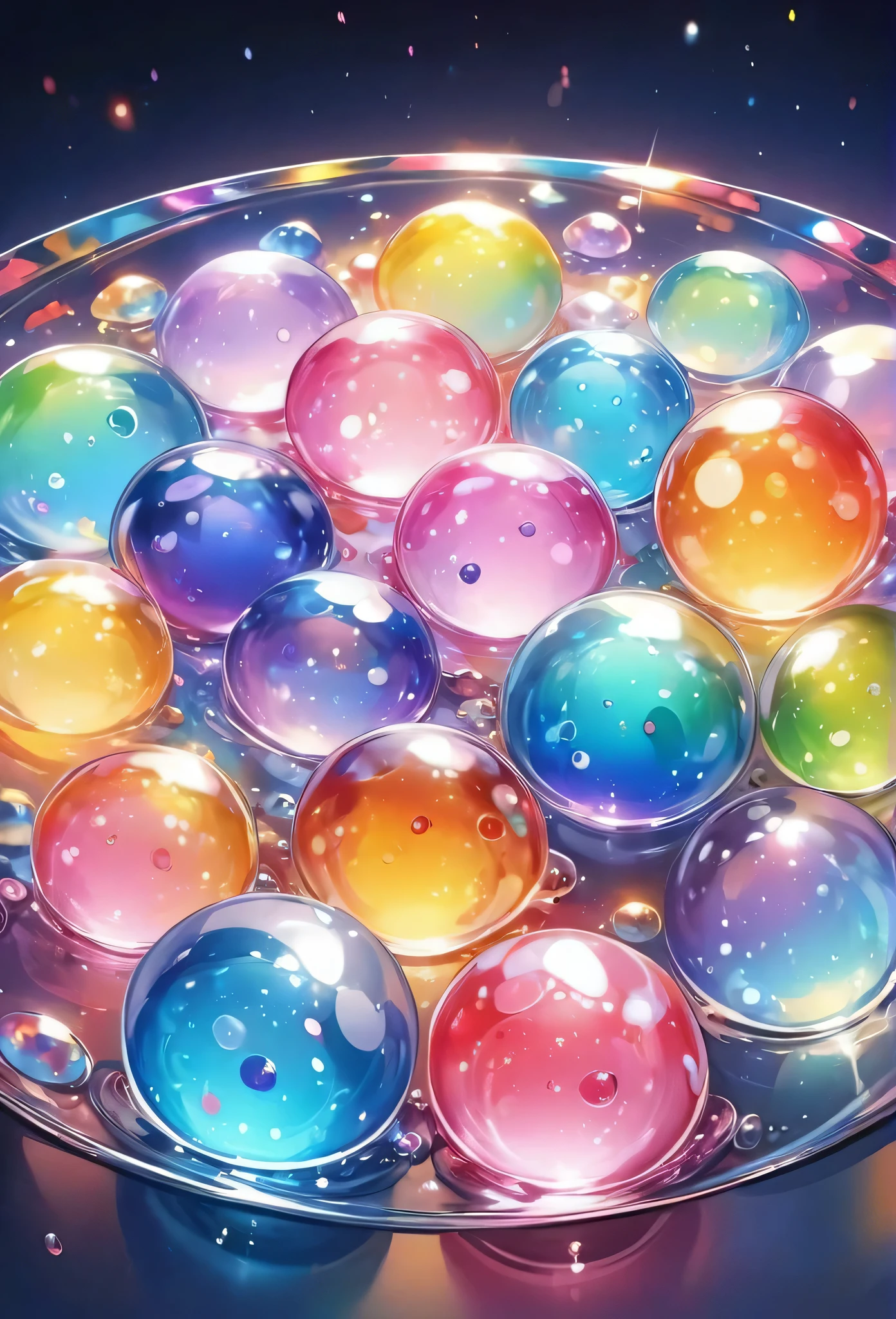 Cute aliens, All in one, Tiny nuclei that shine in fantastical rainbow colors,and a completely melted jelly fusion, Very transparent material, High viscosity, Elasticity due to surface tension, Holographic sparkling reflections, Create an engaging impression on your audience