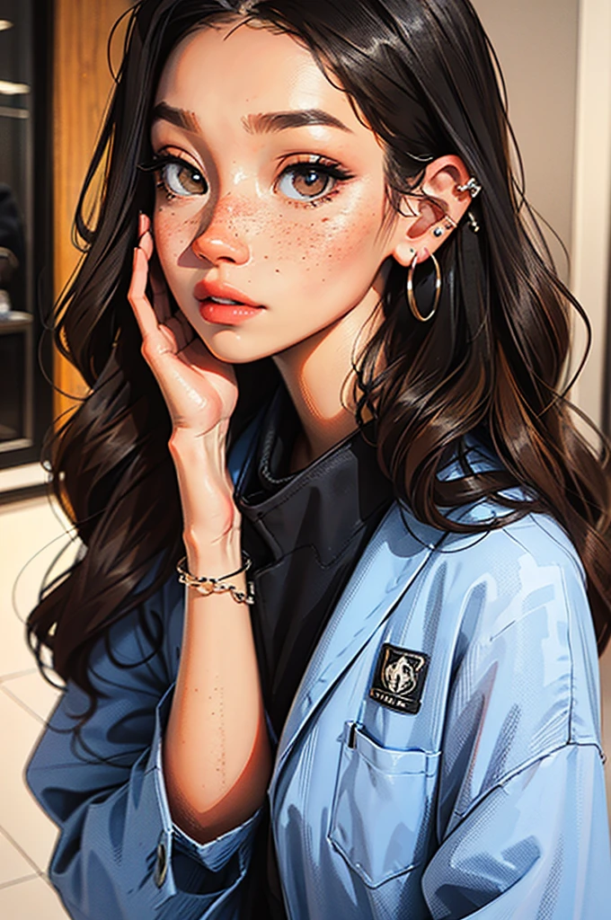 hair: long and curly, black in color. eye color: hazel or russet in color. eyeballs: big and expressive. skin: slightly tan in tone with freckles under the eyes. height: slightly shorter than average (5'2"). clothing style: business casual. clothing color: dark colors. Add accessories such as many ear piercings or nose piercings.