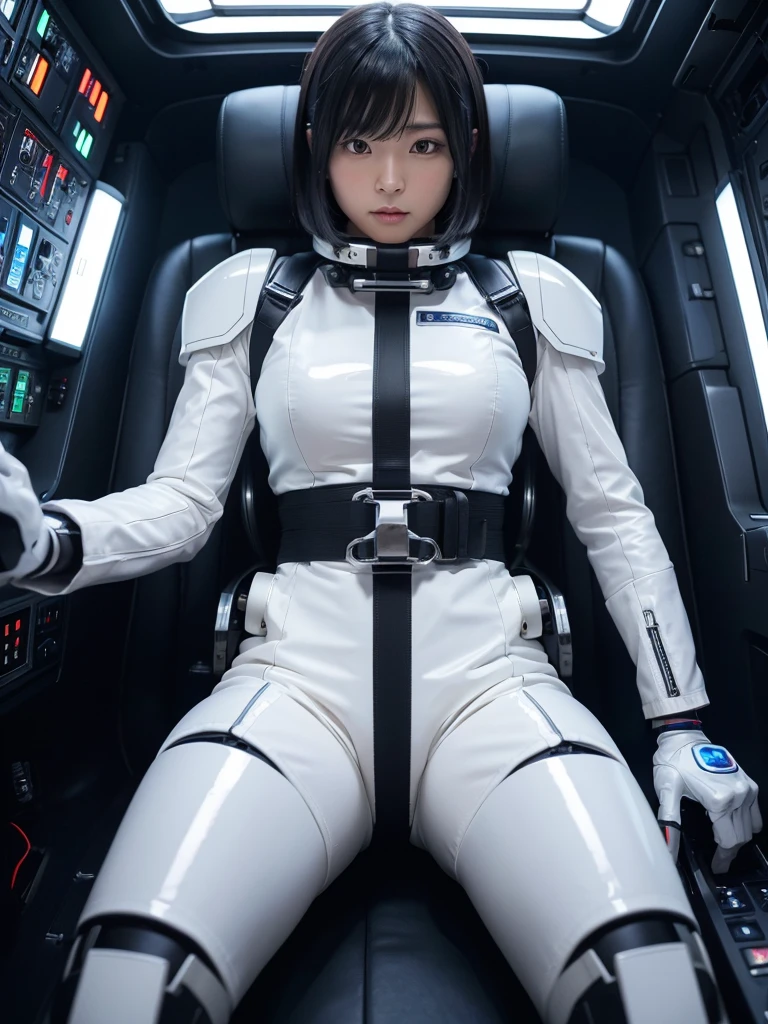 Japanese female android,Black Hair,He is securely fastened to his cockpit seat in a spacecraft by a thick harness.,Plump,Slightly thicker,Spread your legs,Squat,Shiny white robot suit,Robotic arms and legs,Surrounded by switches and monitors,