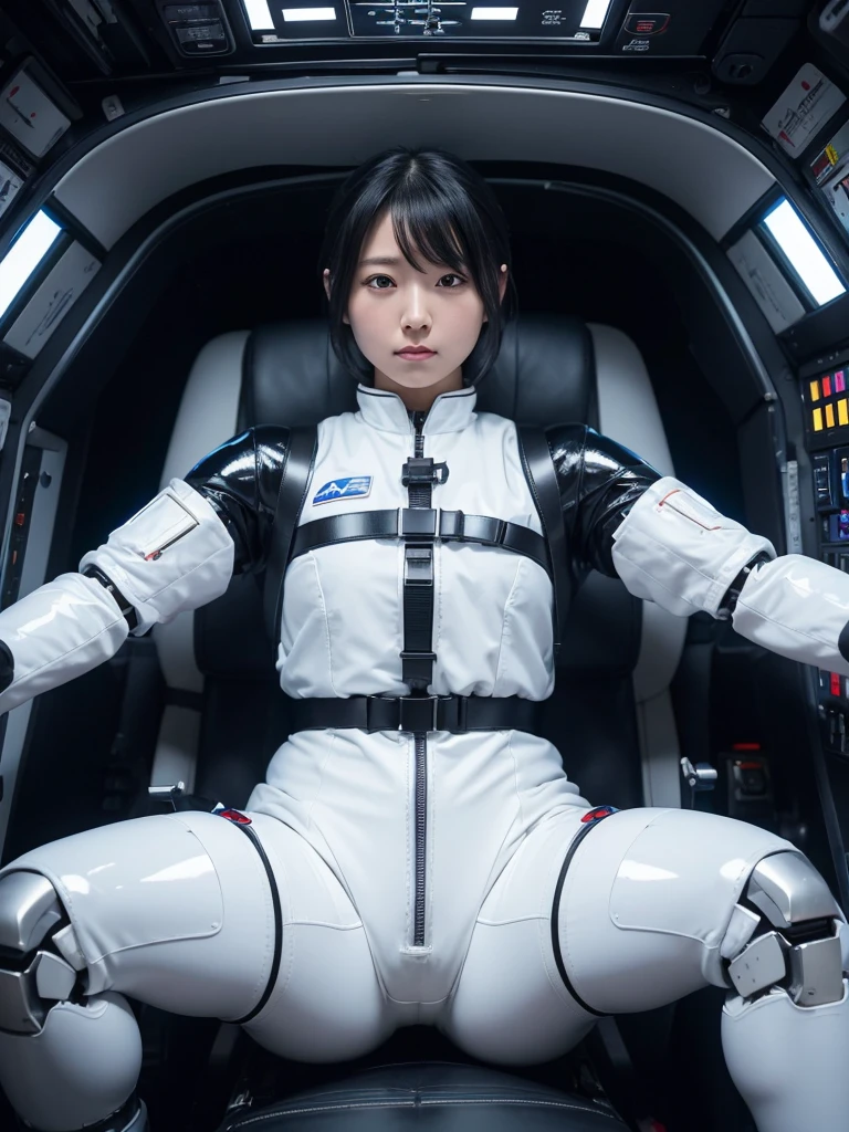 Japanese female android,Black Hair,He is securely fastened to his cockpit seat in a spacecraft by a thick harness.,Plump,Slightly thicker,Spread your legs,Squat,Shiny white robot suit,Robotic arms and legs,Surrounded by switches and monitors,