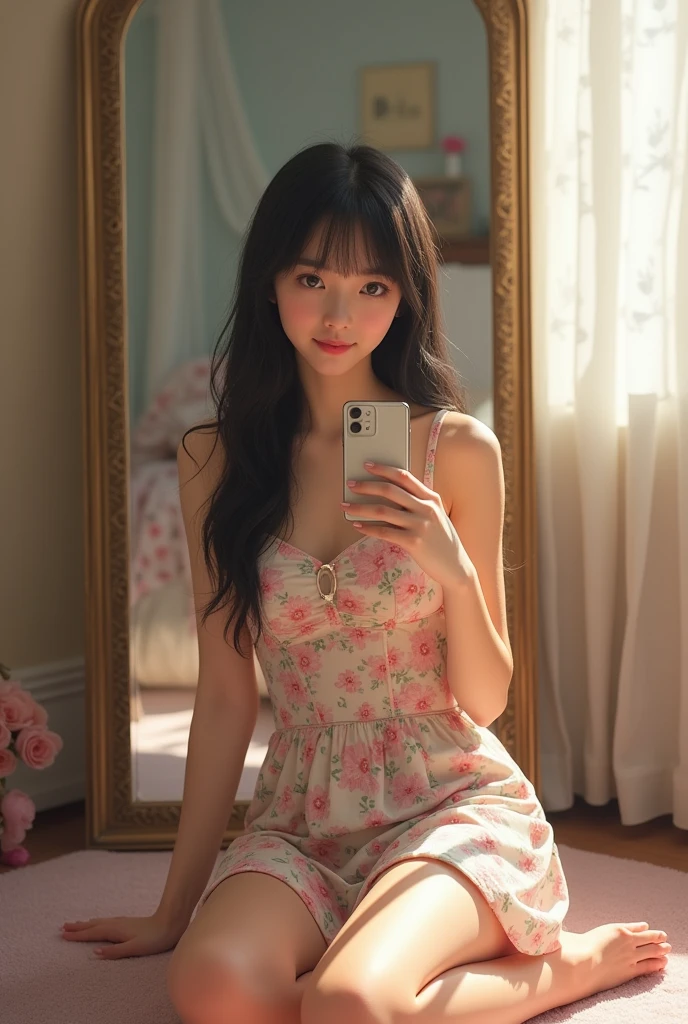 A brunette girl with black traight hair, Wearing a short spring dress With neckline, she takes a photo with your cell phone sitting on the floor in the big mirror in her room, taking a realistic photo