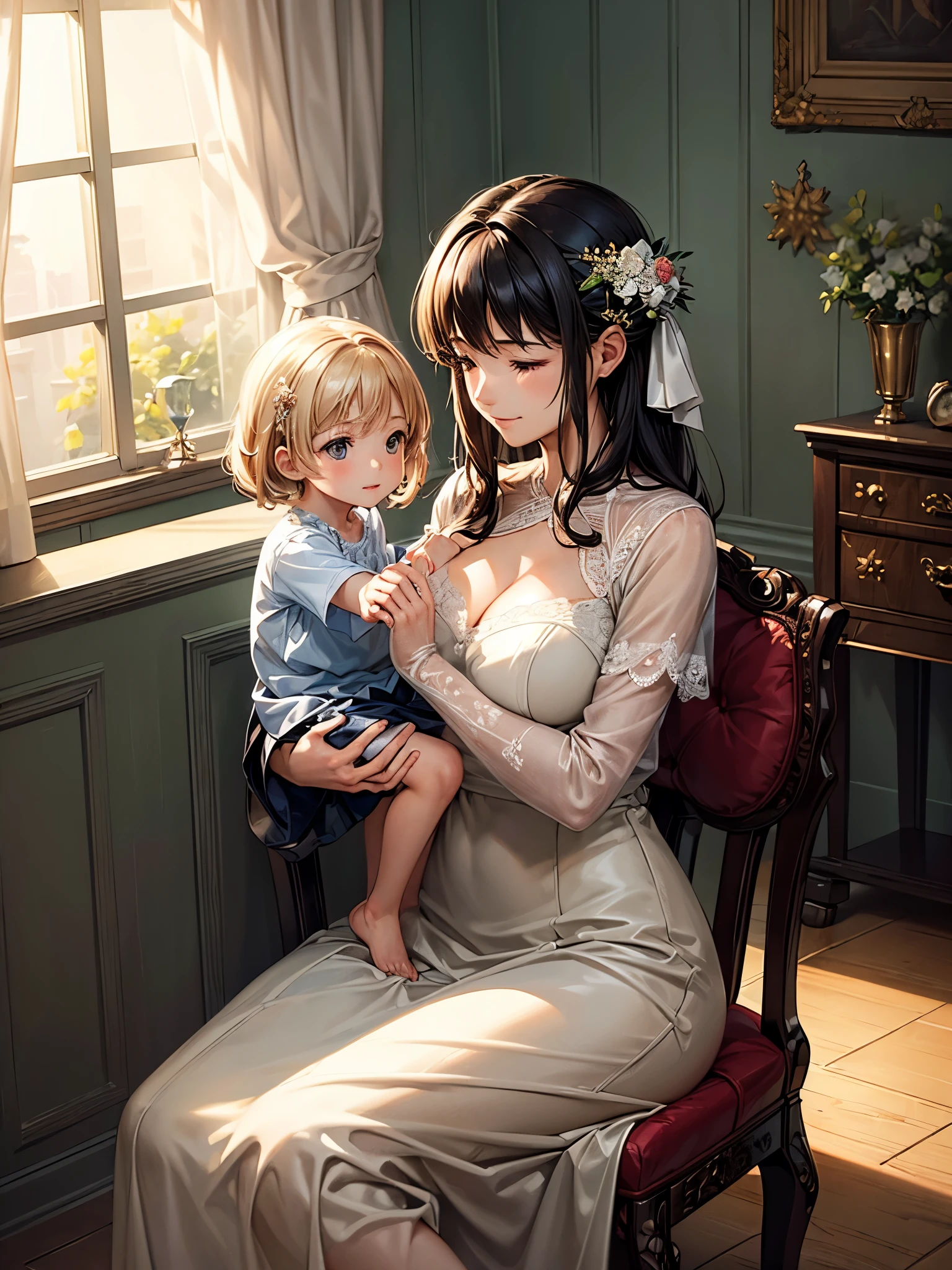 (masterpiece:1.4), (ultra detailed:1.4), (extremely detailed CG:1.4),(super fine illustration:1.4), A heartwarming scene of a mother playing the piano for her child. The mother has a gentle smile on her face as she softly plays the piano, creating a peaceful and loving atmosphere. The child is sitting next to the mother, listening intently with a calm and happy expression. The room is warmly lit, with soft light filtering through a nearby window, and the piano is an elegant upright with a polished wooden finish. The bond between the mother and child is evident in their serene expressions and the tranquil setting