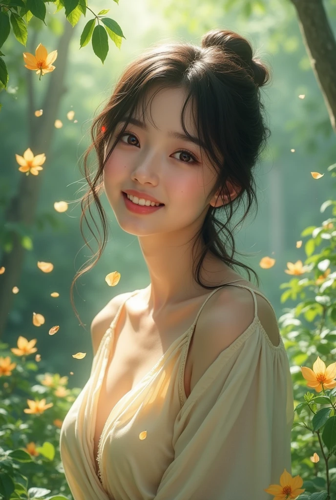 30 generations、Japanese beauty、kind face、smiling face、beautiful eyes、slightly bigger breasts、Dress is casual、masterpiece, highest quality, (Highly detailed CG Unity 8K wallpaper) (highest quality), (best illustrations), (best shadows) nature&#39, garden,Delicate leaf petals fall into the air rays Tracking, Super detailed - V6