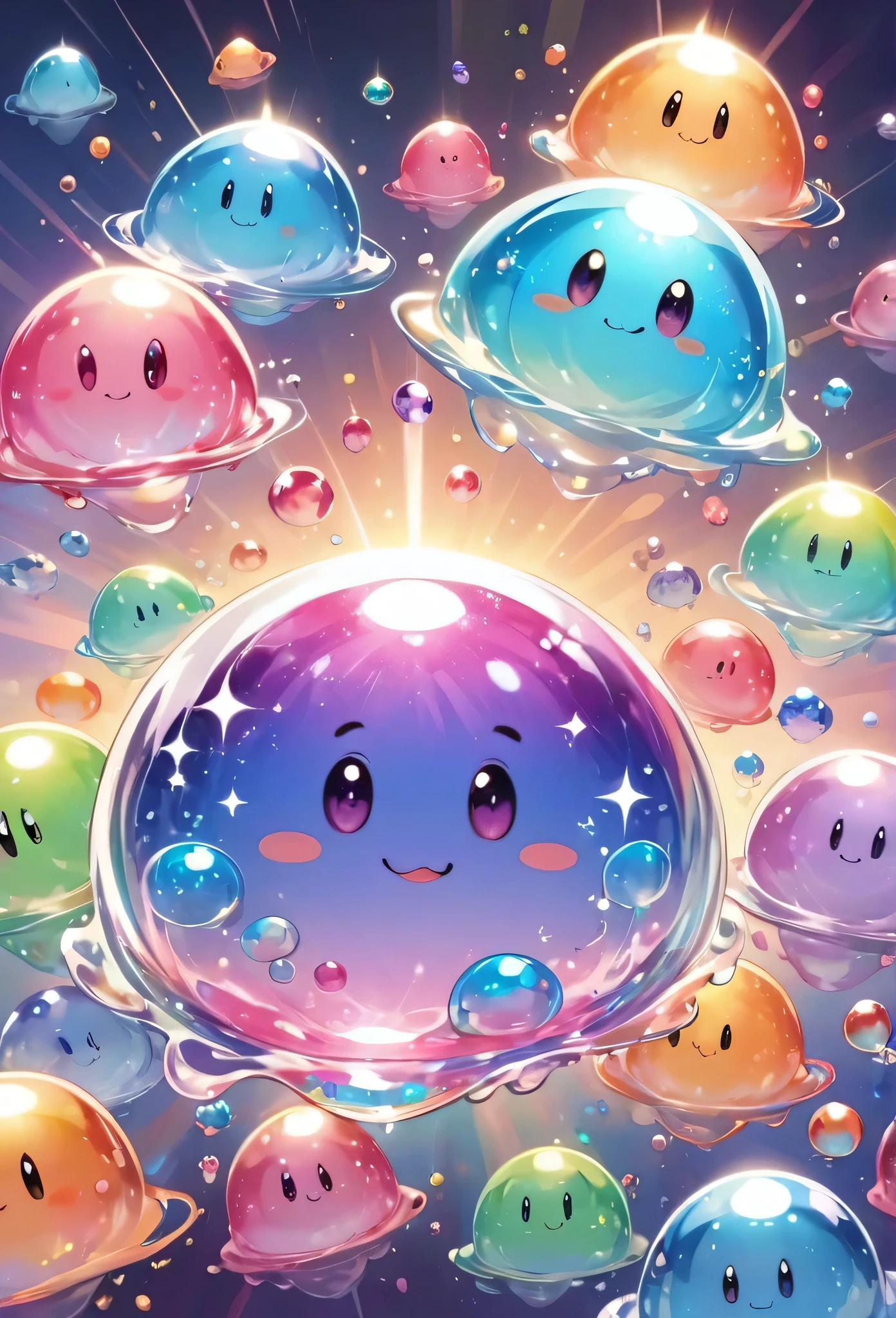 Cute aliens, All in one, Tiny nuclei that shine in fantastical rainbow colors,and a completely melted jelly fusion, Very transparent material, High viscosity, Elasticity due to surface tension, Holographic sparkling reflections, Create an engaging impression on your audience