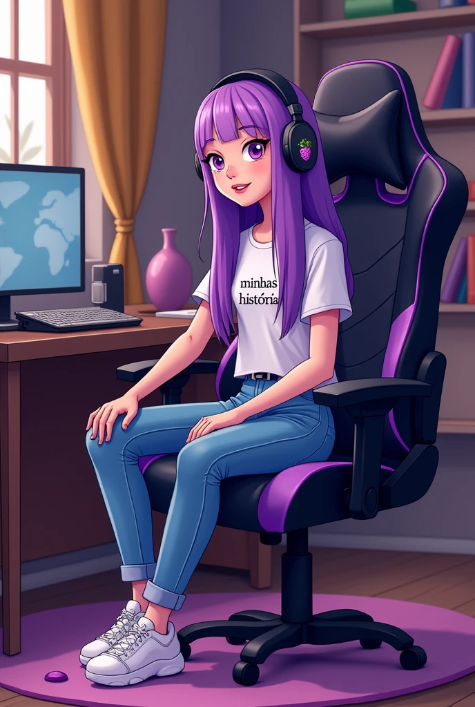 Image Description: The character is represented in Adventure Time style with natural lilac skin, sitting with her back to a gamer table. She is in a black gaming chair with purple details, including a small grape symbol on the back. Her long, straight hair reaches down to her waist, starting out a dark shade of purple at the roots and gradually lightening at the ends. She wears a short-sleeved t-shirt with the phrase "minhas histórias", jeans and white sneakers. The character is also wearing headphones, which have a grape symbol on the sides. the environment is a cozy room with a bookshelf, she is sitting on the Gamer chair with her back to the gamer computer and the colors match like her