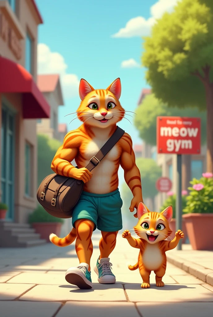 A heartwarming scene of a father cat and his kitten son heading to the gym together. The father cat, a strong and fit tabby, carries a small gym bag slung over his shoulder, while the kitten, full of energy and excitement, tries to mimic his father by carrying a tiny gym bag of his own. They are walking side by side down a sunny sidewalk, the gym visible in the background with a playful 'Meow Gym' sign above the entrance. The atmosphere is lighthearted and joyful, capturing the bond between the father and son as they embark on their fitness adventure together."
