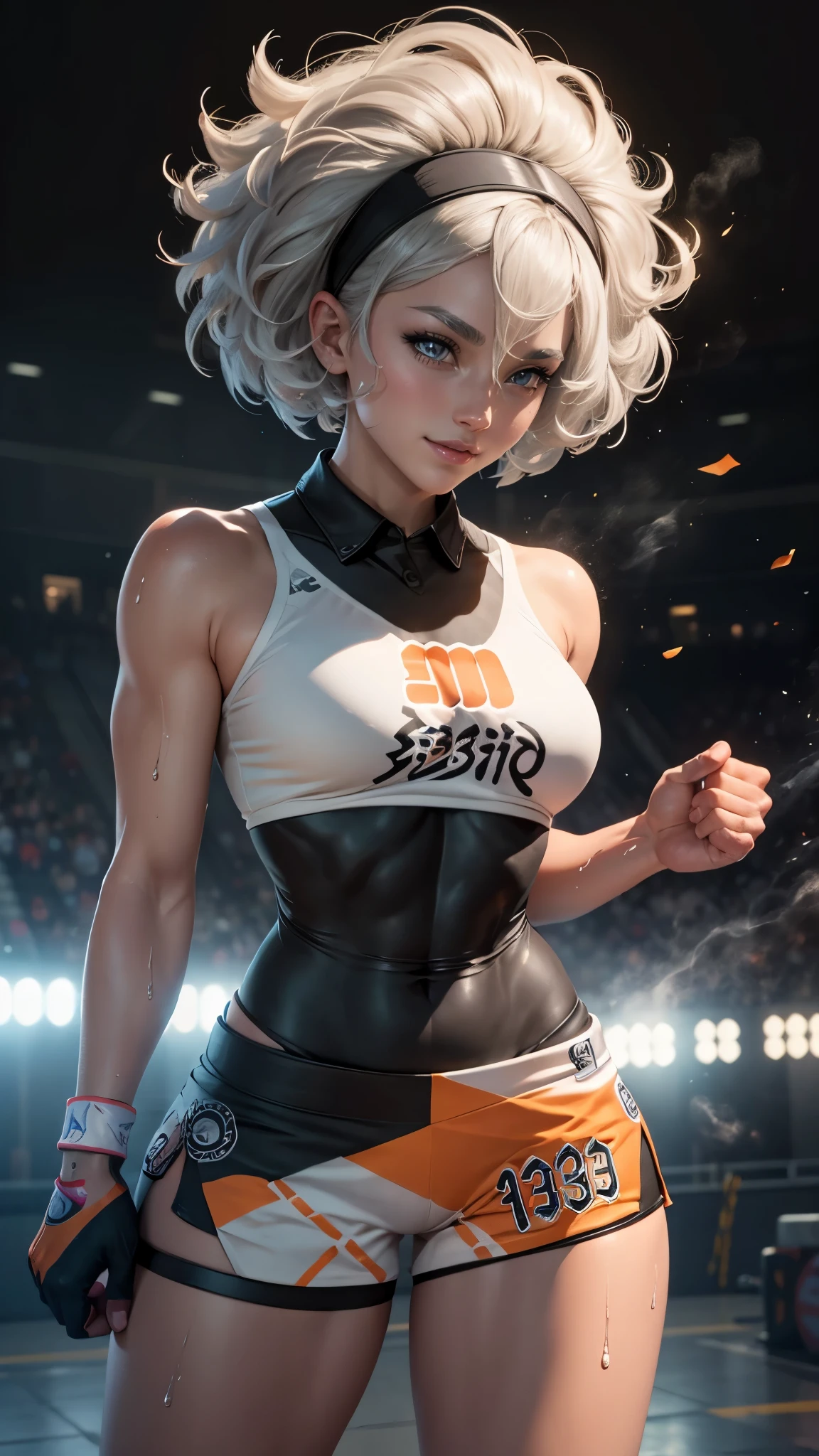 Bea da pokemon,(best qualityer,4K,8k,high resolution, work of art:1.2)(weather: windy), sport stadium background, short curly hair, gray hair, cropped shirt, micro shorts, thigh high stockings, headband, gloves, leotard, ultra detailed, realistic, beautiful detailed gray eyes, beautiful detailed lips, extremely detailed eye and face, long eyelashes, average, large breasts, flying hair, beaming smile, powerful girl in a combat, karate stance, sweating, wet body, bright coloured, dramatic lighting,