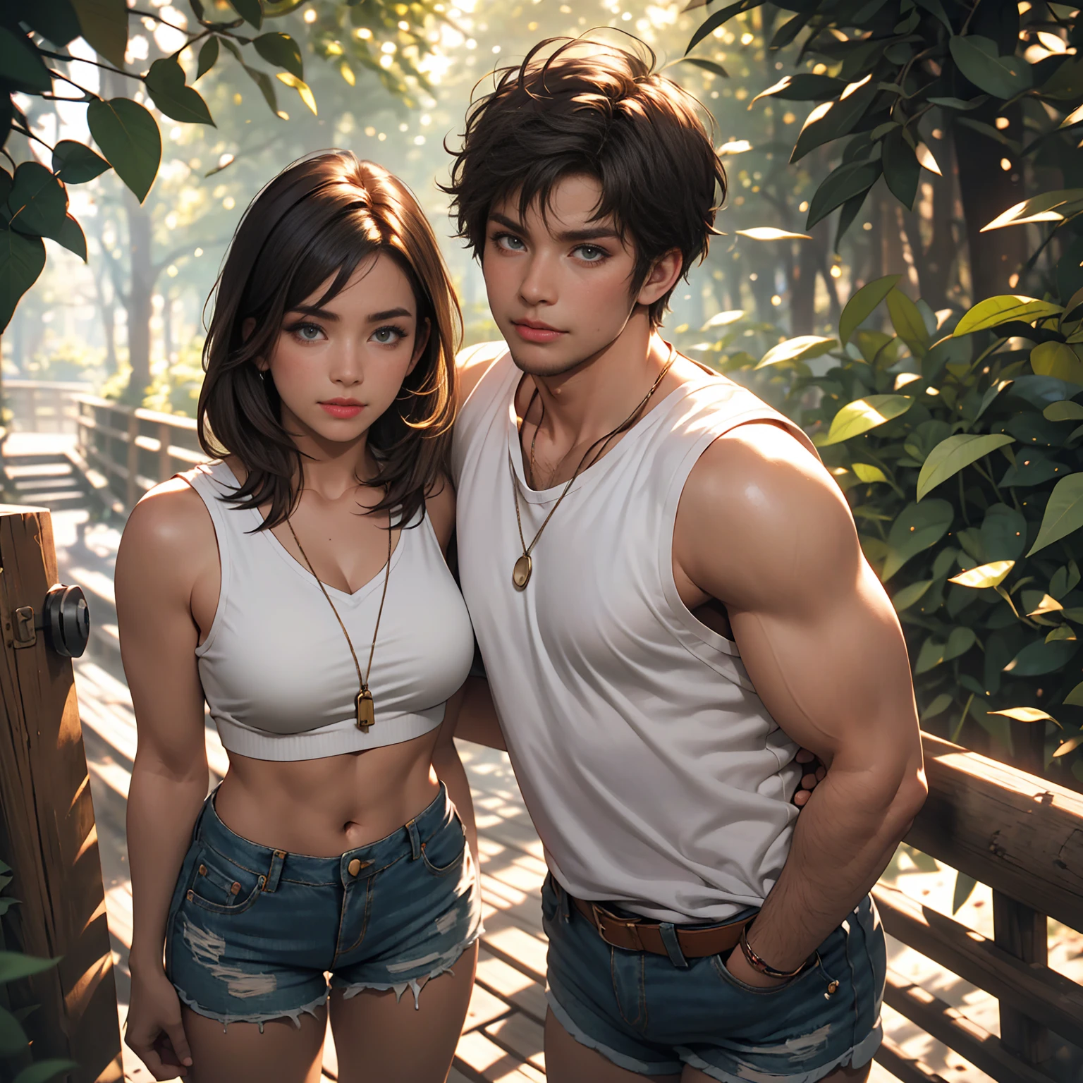 (masterpiece:1.0), (best_quality:1.2), (dark shot:1.3), Classic Rogue, 1991 Rogue X-Men, 1 girl, Only 1, cowboy shot, looking away from the viewer, tank top, denim jean shorts, medium length hair, brown hair, wavy hair, messy hair, one lock of white hair, green eyes, tough look, defiant smirk, bite lips, fit figure, medium breasts, red lipstick, heavy makeup, light source from above, (realism: 1.5), (Realistic: 1.4), (Absurdity:1.4), 8k, ultra-detailed, Detailed Beautiful Woman, very physically fit girl, standing along a wooden fence in the woods, official art, extremely detailed CG unity 8k wallpaper, perfect lighting, Colorful, ultra high res, photography, 8K, HDR, Kodak portra 400, film grain, blurry background, (bokeh:1.2), (vibrant_color:1.2), film grain:1.2, (warm hue, warm tone:1.2), (color photo), professional photograph