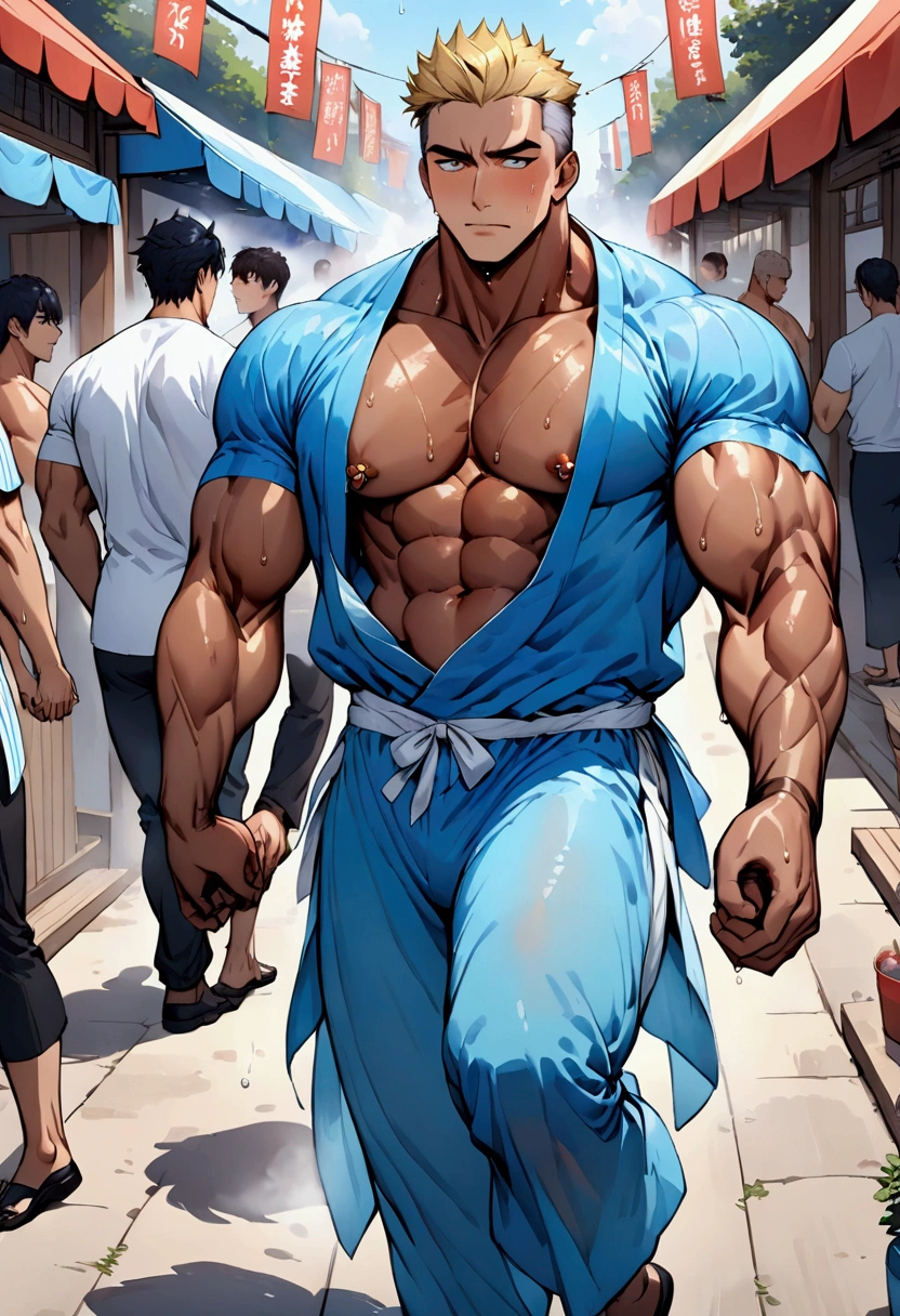 2boys、night、Summer festival、wearing jinbei、Seems healthy、Perfect Eyes、Holding hands、Highest quality、High resolution、Super detailed、perfect anatomy、(muscular male:1.3)、(father:0.5)、nipple piercing、gay、Blue Hair、Blonde、Black Hair、Gray Hair、Red hair、Short Hair、Sports haircut、short hair、Brown skin、(sweat:1.3)、steam、wide shot、full body