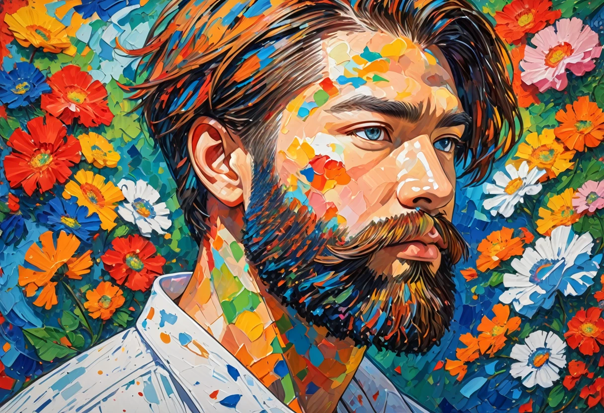 Bearded、Drawing of a man in a white shirt, Detailed painting inspired by Asger Jorn, Reddit, neo-fauvism, Very detailed, detailed impasto brushwork, Acrylic painting on canvas, detailed impasto, Add details, Gouache on canvas, Morning Details, Detailed Acrylic, Right side configuration, Virtuoso paintings, Painted with acrylic