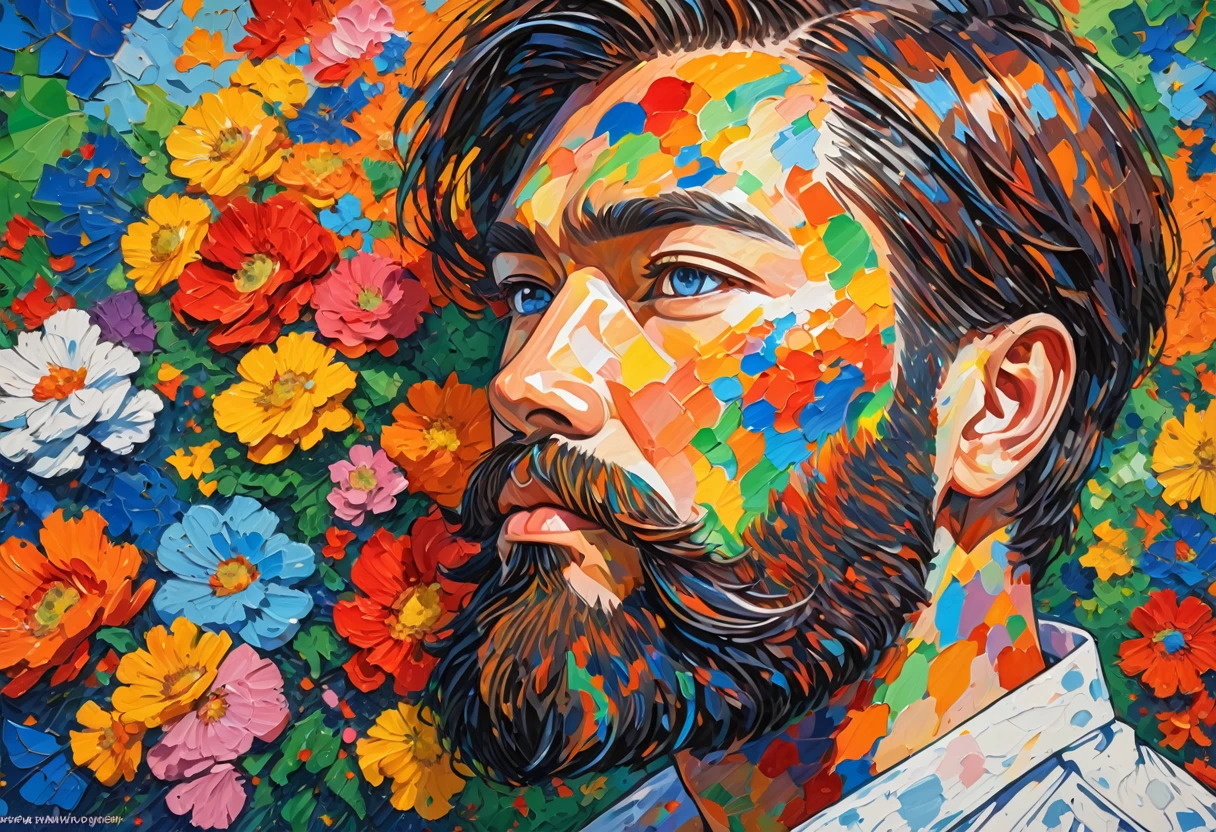 Bearded、Drawing of a man in a white shirt, Detailed painting inspired by Asger Jorn, Reddit, neo-fauvism, Very detailed, detailed impasto brushwork, Acrylic painting on canvas, detailed impasto, Add details, Gouache on canvas, Morning Details, Detailed Acrylic, Right side configuration, Virtuoso paintings, Painted with acrylic