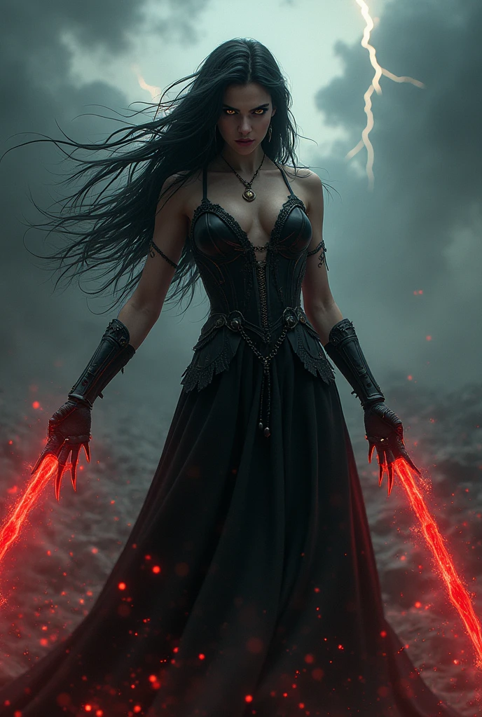 (photoralism:1.2), Very detailed, Ultra-high resolution, High Contrast, masterpiece, realistic, Hell stormy scene, pretty woman, golden eyes, black hair, frightening black dress with armor, witch, red magic from her hands, ashen skin, claws, evil, commanding, sinister expression, streaks on eyes, frightening necklace