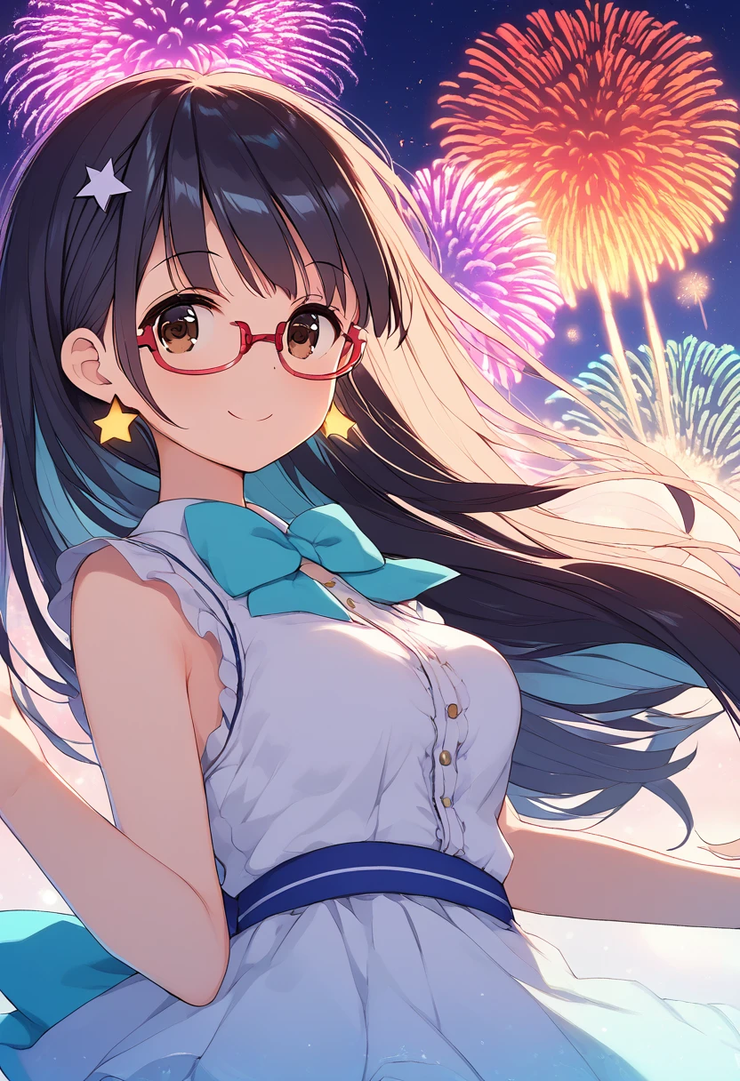 1girl, 17yo, brown eyes are shining and cute, black hair, long hair, tareme, (red-rimless eyewear:1.2), star earrings, medium breasts, smile, blushful,(longshot:1.3)
facial expression, pose angle, scene situation, flat illustration,
masterpiece, best-quality, highest-definition, ultra-detailed,
glow, lens flare, light particles, fireworks,
The night view of Minato Mirai is a stunning display of urban beauty. Skyscrapers illuminate the skyline, their lights reflecting off the tranquil waters of Yokohama Bay. The iconic Ferris wheel, with its colorful lights, adds a whimsical touch to the scene. The blend of modern architecture and serene waterfront creates a captivating and romantic atmosphere, perfect for an evening stroll or a peaceful night out.