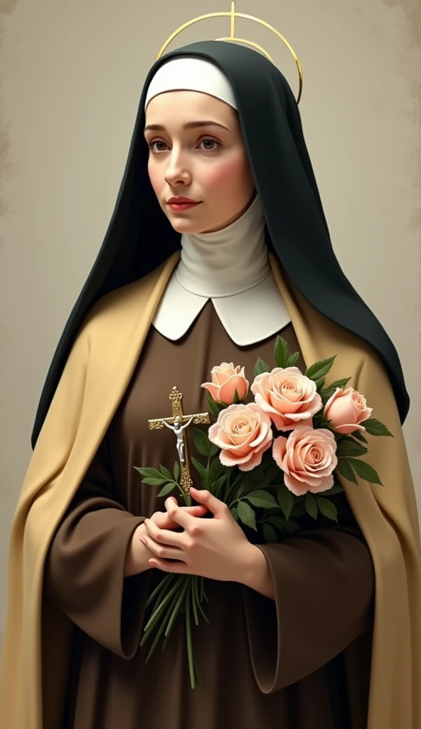 Generates an image of Saint Therese, dressed in a brown habit, black veil, a light yellow cloak over the habit, a religious nun, holding a bouquet of roses and a crucifix. she is portrayed with a contemplative expression, reflecting his deep spirituality and communion with God, she has on average 24