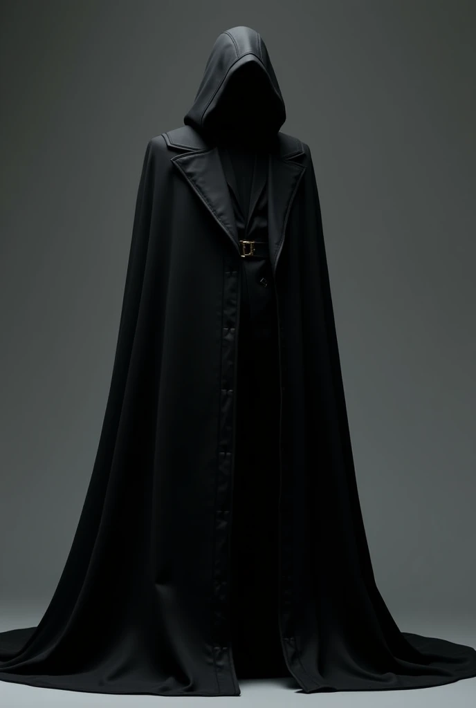 a black coat with a long cape that almost reaches the floor, a hood to cover the head, and a cool style