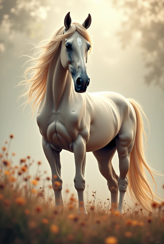 A picture of a beautiful horse, looking graceful and beautiful. The horse has shiny hair that sways in the breeze, and has a graceful body. 