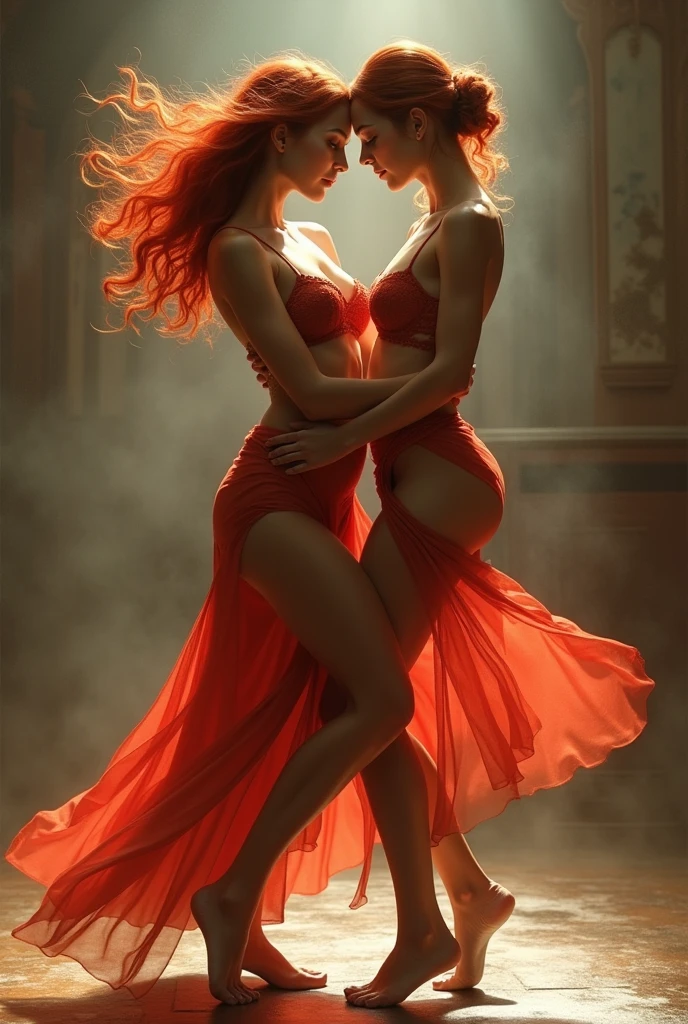 2 female、Sexy proportions、Berry dancer、barefoot、Belly Dancing, red hair.