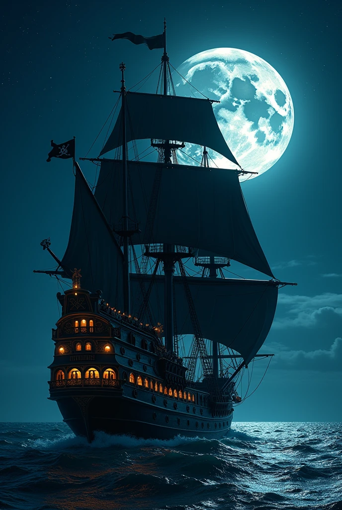 pirate ship on the high seas during a full moon night