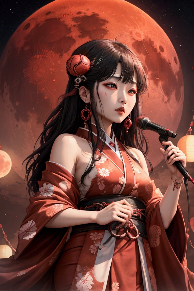 A blood moon hangs over a spiritual nexus, Japanese singer at the center, her voice echoing through the crimson-tinged air, stage alive with the presence of unseen spirits
