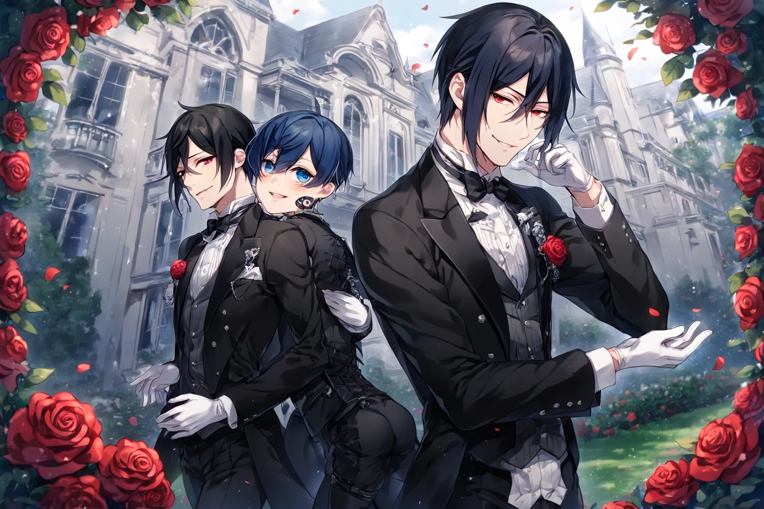 absurdres, highres, ultra detailed, HDR, master piece, Sebastian Michaelis, black hair, expressive red eyes, black clothes, white gloves, Ciel Phantomhive, dark blue hair, expressive blue eyes, Kuroshitsuji, two sexy man together, handsome, best quality, fantasy, magical, solo, sensual, window, garden, handsome smile, red roses, mansion, Black Butler, manly man, mature man, adult face, yaoi, gay couple