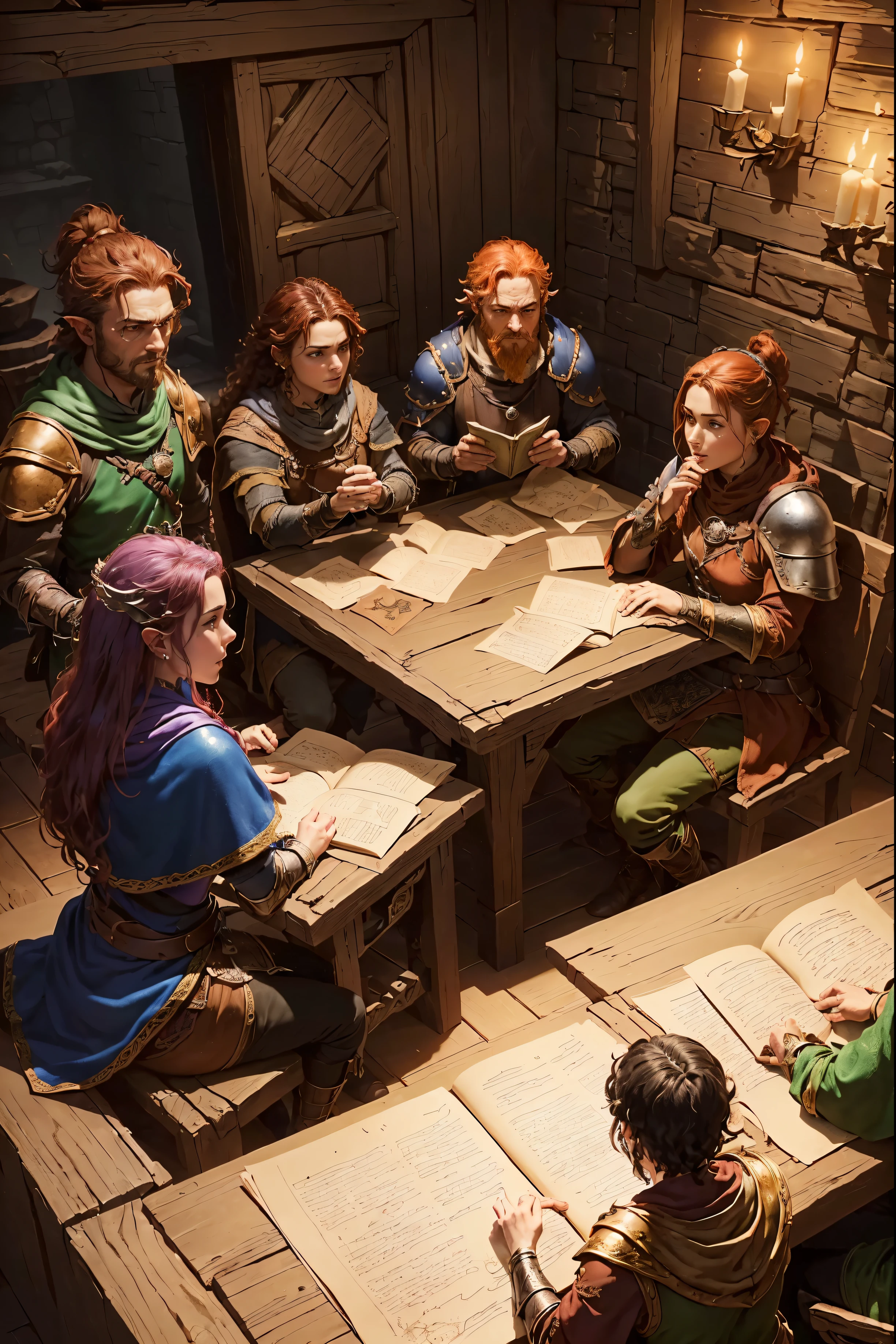 (((A group of friends playing D&d))). ((rpg de mesa). (Book Style D&d). (d&#39;epic characters&d). (d&d). (Epic Tavern Background). anthropomorphic character, woman with curly hair and cat ears, redhead warrior, Leprechaun, gorgeous faces, faces in detail, Photographic realism.