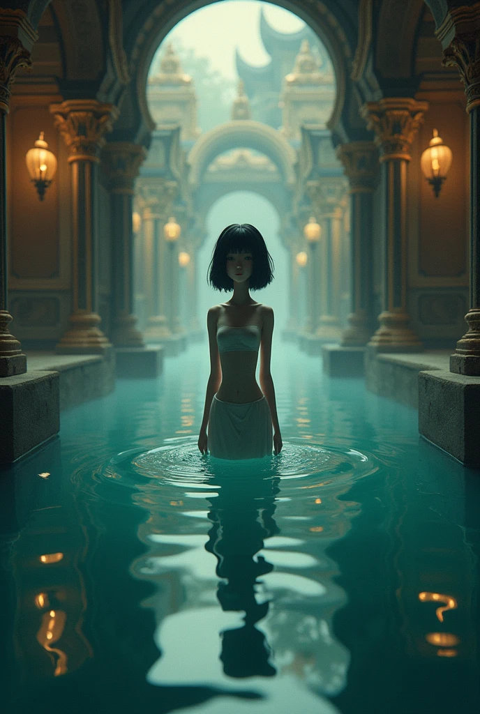 Depressed girl、Japanese、Black Hair、Bobcut、Pale complexion、Are thin、Floating in the middle of a big water polo、A temple full of light