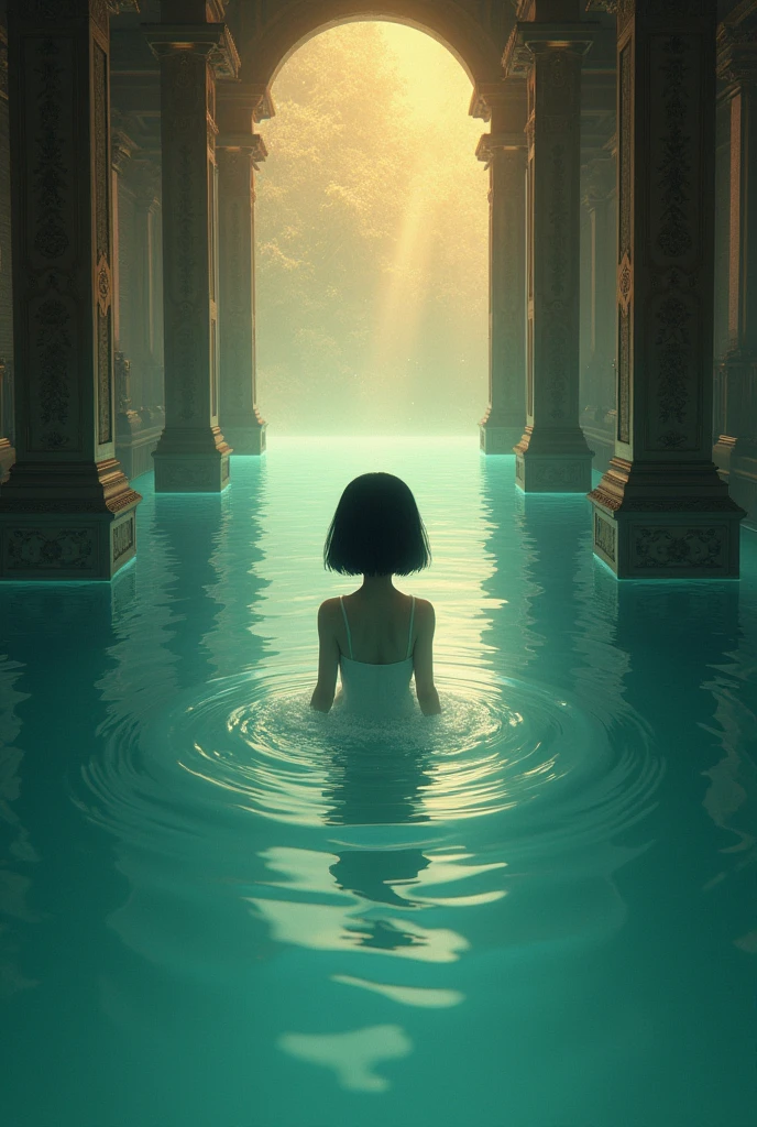 Depressed girl、Japanese、Black Hair、Bobcut、Pale complexion、Are thin、Floating in the middle of a big water polo、A temple full of light