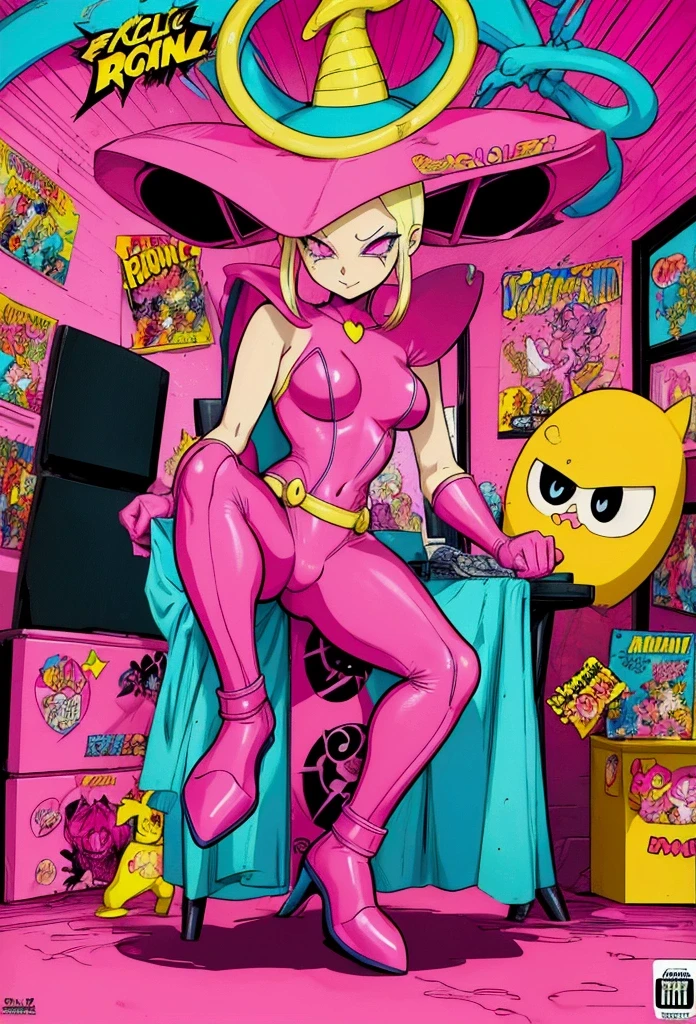 a close up of a cartoon character with a pink outfit, hylics artwork, vibrant fan art, trending on artstation.', comic cover art, 90s comic book character design,epic comic book style, marvelous expression, comic book cover art, pink iconic character, by Android Jones, comic book art style, by Pedro Pedraja