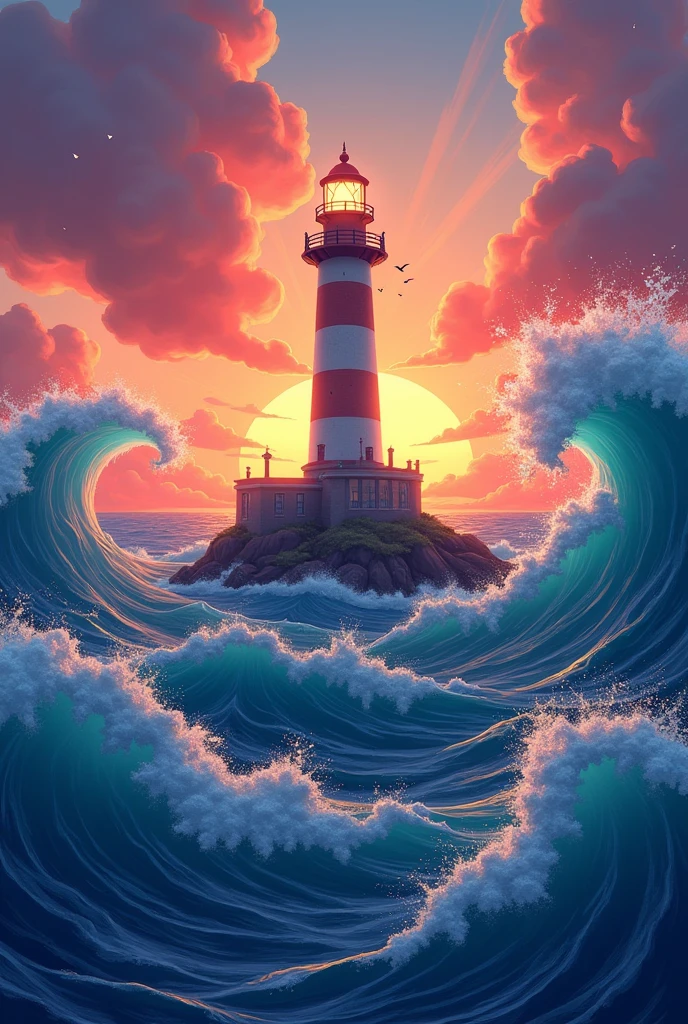 With an animated style, draw a lighthouse lit in the middle of the sea surrounded by strong waves and a beautiful sunset in the background., an image of 900x500 pixels in size