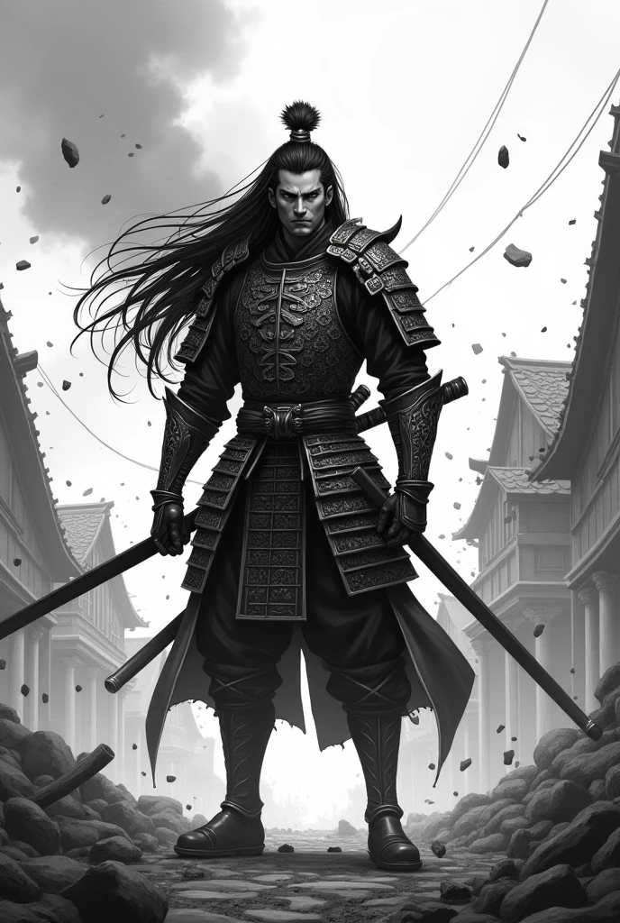 Create a black and white 2d anime character, long hair samurai armor no helmet, in the middle of war, destroyed houses around
