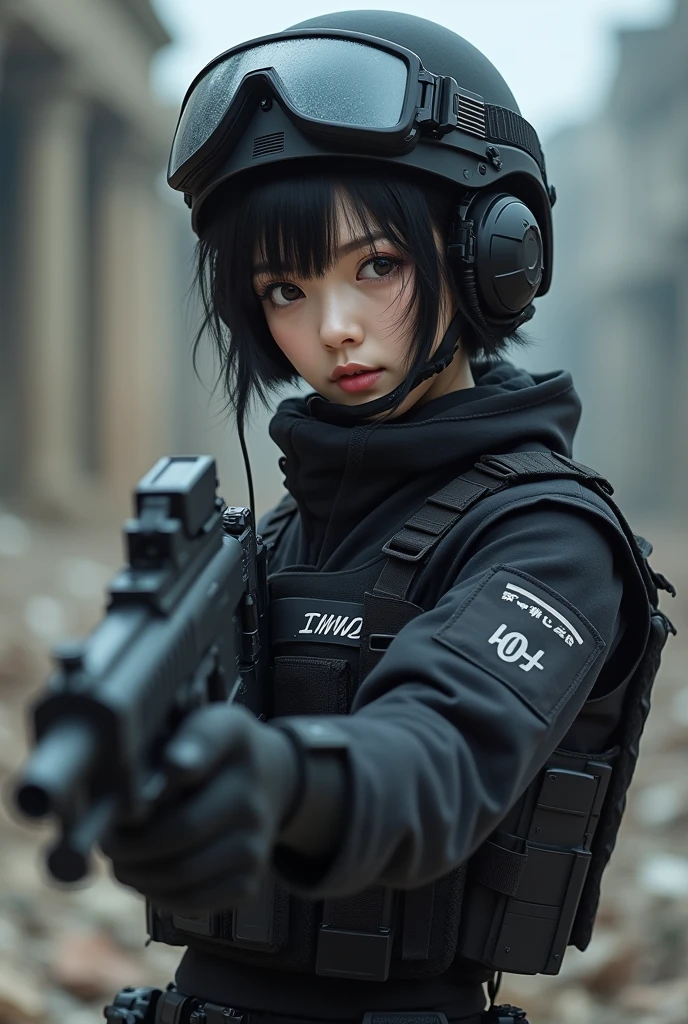 (masterpiece,Highest quality,Ultra-high resolution),One Woman,Japanese,Black Hair,Short Bob,(((Beautiful Eyes,Beautiful Hair,Beautiful Skin,Beautiful Face)Fine hand))),strict,whole body,(((Gunfight))),(Small machine gunを構える),((Small machine gun)),SWAT Uniforms,Black bulletproof vest, Combat Boots, Black Tactical Forcer,Tactical Headset,Tactical Helmet,(The background is the rubble of ruins),(((Background Blur)))
