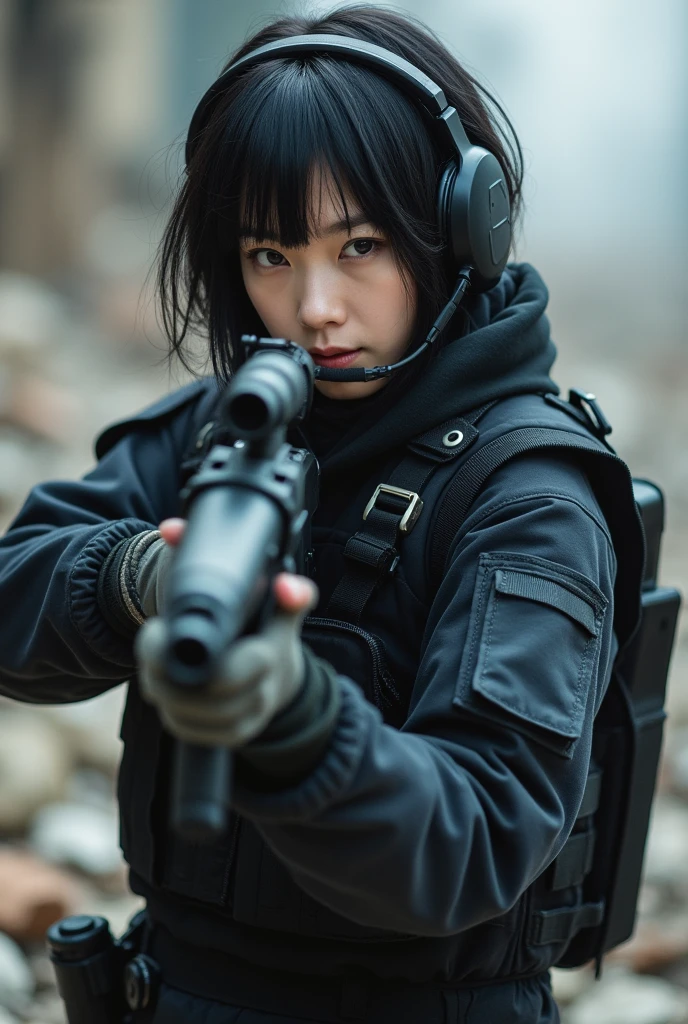 (masterpiece,Highest quality,Ultra-high resolution),One Woman,Japanese,Black Hair,Short Bob,(((Beautiful Eyes,Beautiful Hair,Beautiful Skin,Beautiful Face)Fine hand))),strict,whole body,(((Gunfight))),(Small machine gunを構える),((Small machine gun)),SWAT Uniforms,Black bulletproof vest, Combat Boots, Black Tactical Forcer,Tactical Headset,Tactical Helmet,(The background is the rubble of ruins),(((Background Blur)))