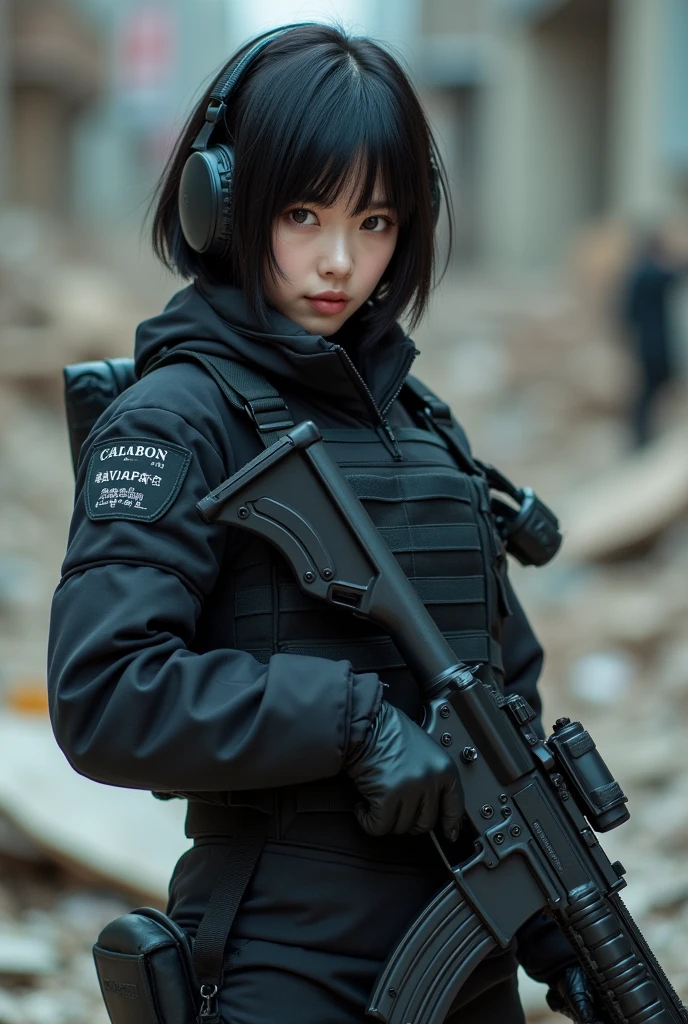 (masterpiece,Highest quality,Ultra-high resolution),One Woman,Japanese,Black Hair,Short Bob,(((Beautiful Eyes,Beautiful Hair,Beautiful Skin,Beautiful Face)Fine hand))),strict,whole body,(((Gunfight))),(Small machine gunを構える),((Small machine gun)),SWAT Uniforms,Black bulletproof vest, Combat Boots, Black Tactical Forcer,Tactical Headset,Tactical Helmet,(The background is the rubble of ruins),(((Background Blur)))