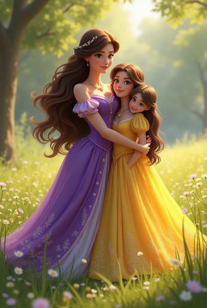 I need an image where you can see the mother and her daughters where they look like princesses, the mother with brown hair and long purple dress and the daughters with yellow dresses, One sister with a long dress and brown hair and the other sister with black hair and a short dress, the three of them hugging each other but the youngest sisters in the field