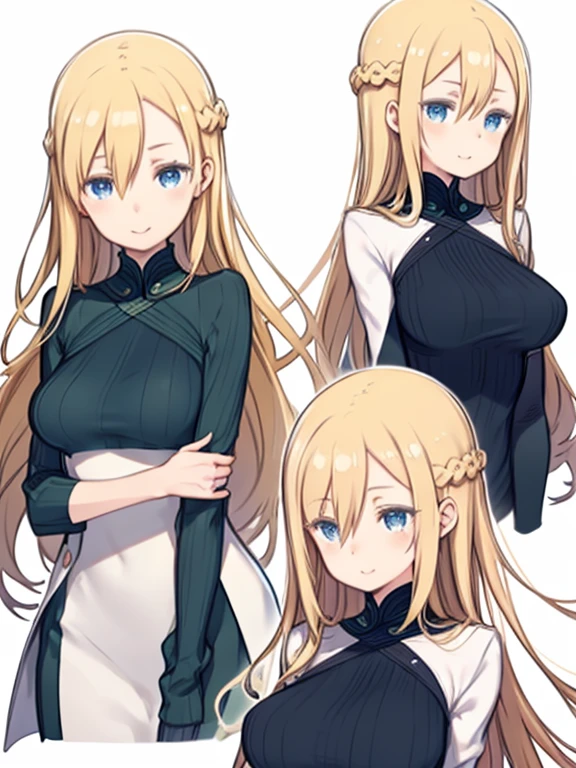 One Woman、Upper Body、From the thigh up、Thigh Gap、Thin legs、Blonde Hair、long hair、Hair between the eyes、Blue Eyes、Big Breasts、Turtleneck sweater、Green clothes、Smiling、Sleepy eyes、Stand Upright、Front view、White simple background、Character Sheet、