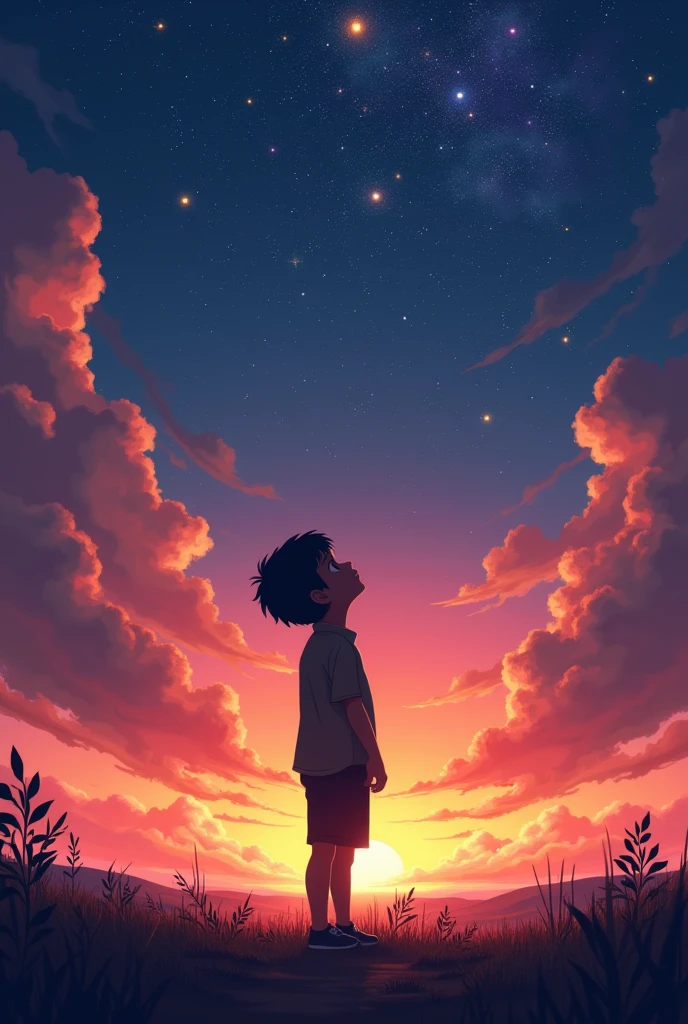 the silhouette of a boy looking at the stars in the sky on a sunset