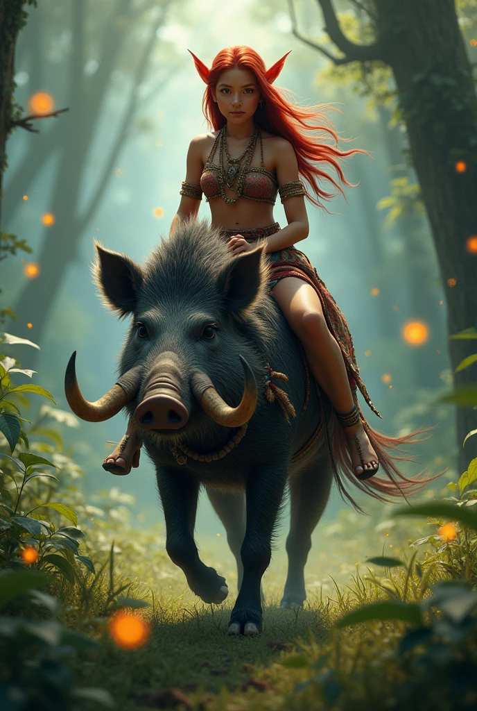 an aggressive red-haired Brazilian girl, dressed as an Indian, elf ears and riding a Brazilian wild pig with tusks wandering through a misty enchanted forest with light grass and fireflies