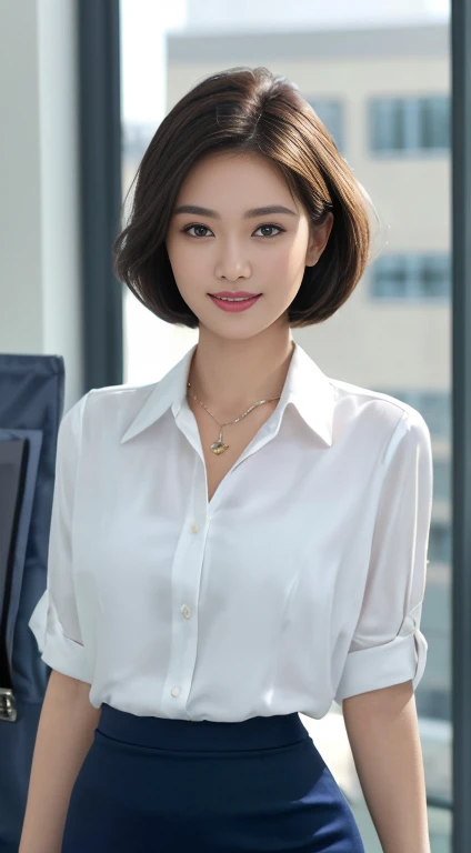 sweet office lady, high-quality detailed portrait, 1girl, medium bob hairstyle, beautiful large deep brown eyes, elegant flawless skin, cute sexy expression, confident professional pose, form-fitting navy blue pencil skirt, silk white blouse slightly unbuttoned, holding briefcase,modern office interior with city skyline, warm soft evening lighting, minimalistic jewelry and makeup, natural smile, small light brown moles, (best quality,4k,8k,highres,masterpiece:1.2),ultra-detailed,(realistic,photorealistic,photo-realistic:1.37),HDR,UHD,studio lighting,ultra-fine painting,sharp focus,physically-based rendering,extreme detail description,professional,vivid colors,bokeh,portraits,photography,cinematic movie light effect,panoramic view
