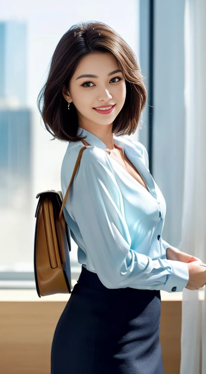 sweet office lady, high-quality detailed portrait, 1girl, medium bob hairstyle, beautiful large deep brown eyes, elegant flawless skin, cute sexy expression, confident professional pose, form-fitting navy blue pencil skirt, silk white blouse slightly unbuttoned, holding briefcase,modern office interior with city skyline, warm soft evening lighting, minimalistic jewelry and makeup, natural smile, small light brown moles, (best quality,4k,8k,highres,masterpiece:1.2),ultra-detailed,(realistic,photorealistic,photo-realistic:1.37),HDR,UHD,studio lighting,ultra-fine painting,sharp focus,physically-based rendering,extreme detail description,professional,vivid colors,bokeh,portraits,photography,cinematic movie light effect,panoramic view