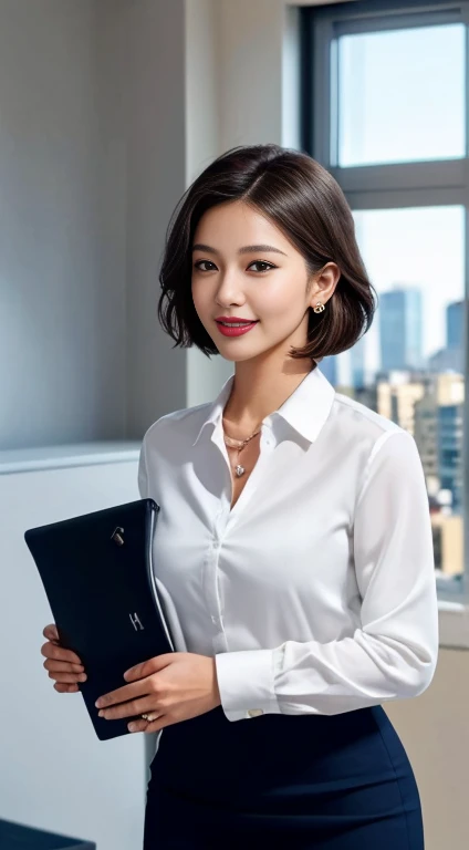 sweet office lady, high-quality detailed portrait, 1girl, medium bob hairstyle, beautiful large deep brown eyes, elegant flawless skin, cute sexy expression, confident professional pose, form-fitting navy blue pencil skirt, silk white blouse slightly unbuttoned, holding briefcase,modern office interior with city skyline, warm soft evening lighting, minimalistic jewelry and makeup, natural smile, small light brown moles, (best quality,4k,8k,highres,masterpiece:1.2),ultra-detailed,(realistic,photorealistic,photo-realistic:1.37),HDR,UHD,studio lighting,ultra-fine painting,sharp focus,physically-based rendering,extreme detail description,professional,vivid colors,bokeh,portraits,photography,cinematic movie light effect,panoramic view