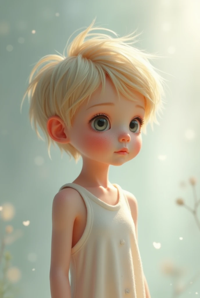 Make me a guy who looks 2, who is blond, has short but straight hair, has grey eyes, has pretty features and has more or less freckles on his face.
