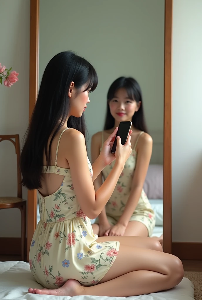A brunette girl with black traight hair, Wearing a short spring dress With neckline, she takes a photo with your cell phone sitting on the floor in the big mirror in her room, taking a realistic photo