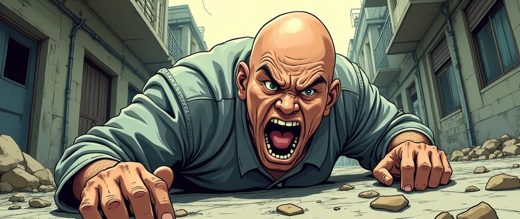 a bald man, lying on the ground, shouting to his friend who is in danger (manga art style) (hand drawn) (dynamic point of view)