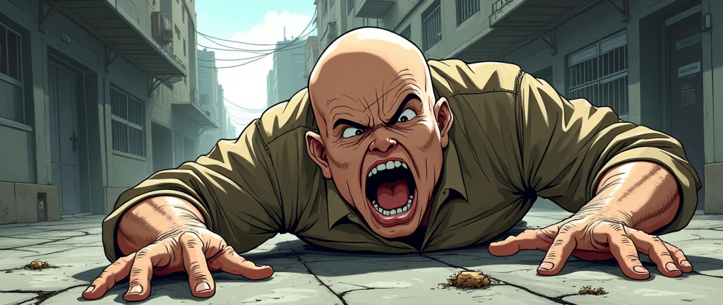 a bald man, lying on the ground, shouting to his friend who is in danger (manga art style) (hand drawn) (dynamic point of view) 