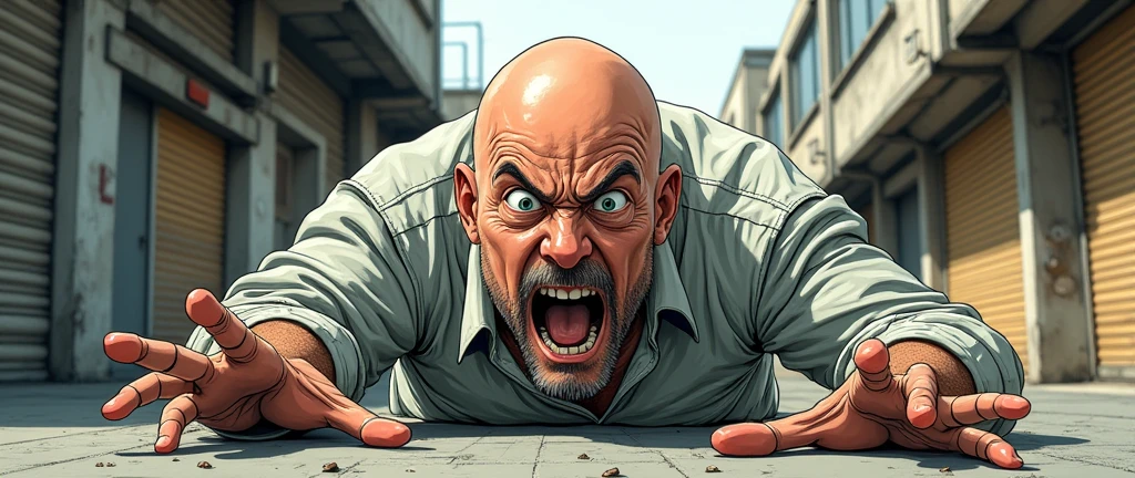 a bald man, lying on the ground, shouting to his friend who is in danger (manga art style) (hand drawn) (dynamic point of view) 