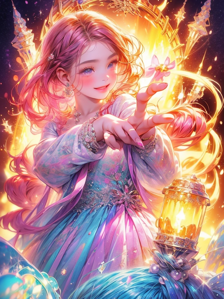 a picture taken from a digital painting of a girl in a dress, an anime drawing by Yuumei, pixiv contest winner, magical realism, beautiful anime artwork, wearing a dress made of stars, beautiful anime art, makoto shinkai cyril rolando, magical dress, anime fantasy artwork, anime fantasy illustration, ethereal anime, dreamlike art