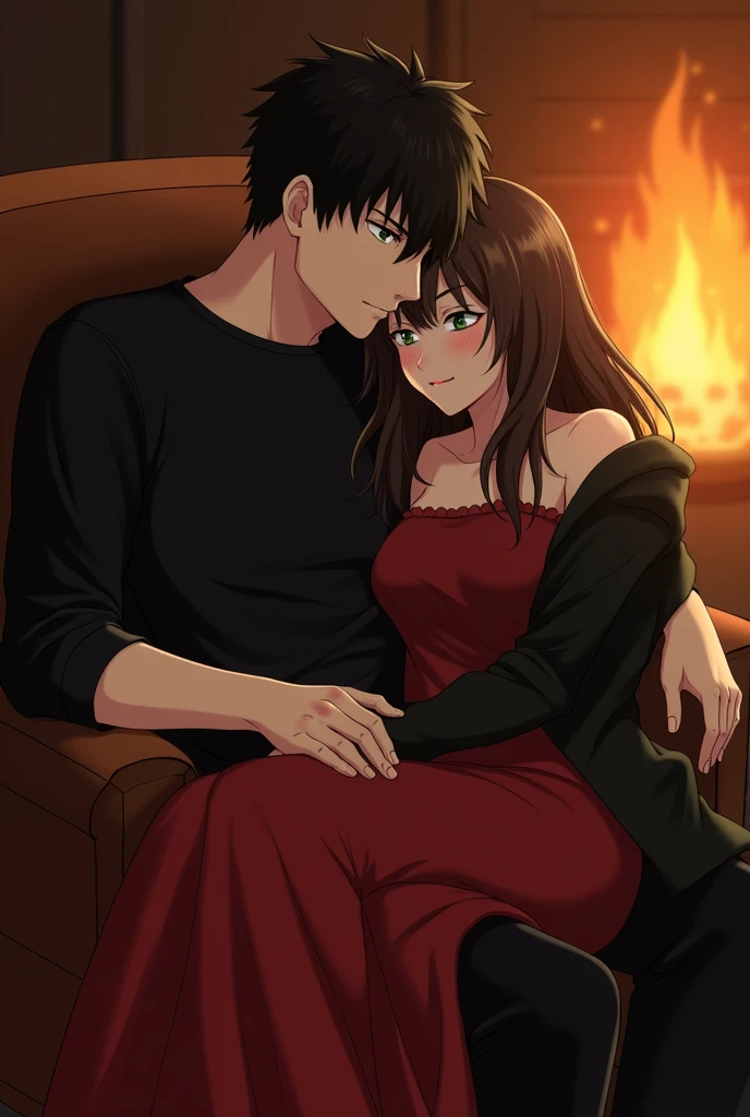 Man in black shirt sitting in a chair next to a fireplace with black hair and green eyes holding a sleeping brunette woman on his lap on his shoulder with a red  the shoulders with a black jacket over them , the man resting his head on her head 