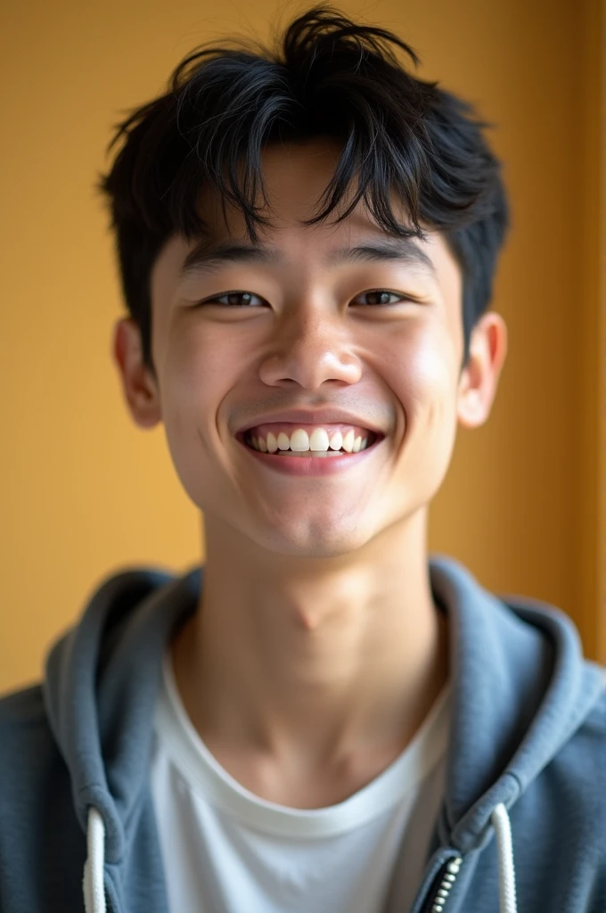 Create a high-quality headshot of a young man aged 15 to 19 years with short, neatly styled dark hair and a friendly, genuine smile. The subject is dressed casually in a simple, well-fitted T-shirt or hoodie, giving off a relaxed and approachable vibe. The background is softly blurred with warm, natural tones, ensuring the focus remains on the subject. The lighting is natural and soft, highlighting the face and creating a youthful, confident, and down-to-earth appearance