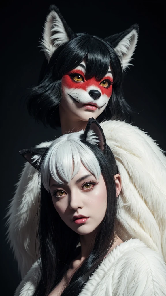 Woman with knife and wolf, princess Monster, Monster, princess Monster inspired, princess Monster color scheme, studio ghibly style Monster, studio ghibli and shinkai makoto, Ghibli anime style、live-action,High-resolution model, Ultra high definition, Textured skin, Real、White fur、Holding a red mask