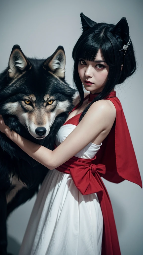 Woman with knife and wolf, princess Monster, Monster, princess Monster inspired, princess Monster color scheme, studio ghibly style Monster, studio ghibli and shinkai makoto, Ghibli anime style、live-action,High-resolution model, Ultra high definition, Textured skin, Real、White fur、Holding a red mask